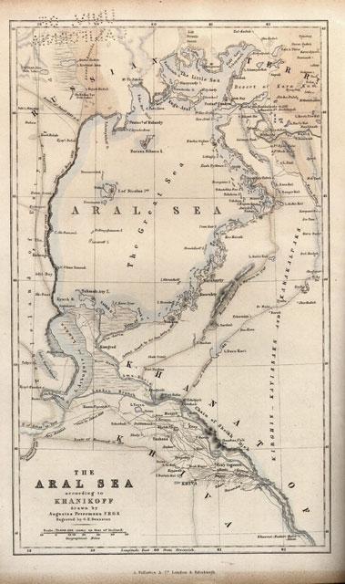 Представление о прежних масштабах Аральского моря можно получить по старинным картам. На фото карта XVIII века, составленная русским географом Ханиковым и напечатанная в Англии